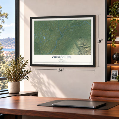 Chistochina, Alaska map, 18 x 24 inch print in a black frame in a home office