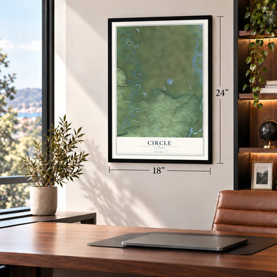 Circle, Alaska map, 18 x 24 inch print in a black frame in a home office