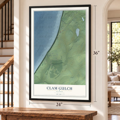 Clam Gulch, Alaska map, 24 x 36 inch print in a black frame by a staircase
