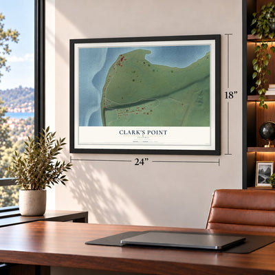 Clark's Point, Alaska map, 18 x 24 inch print in a black frame in a home office