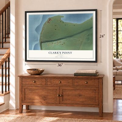 Clark's Point, Alaska map, 24 x 36 inch print in a black frame above a dresser by a staircase