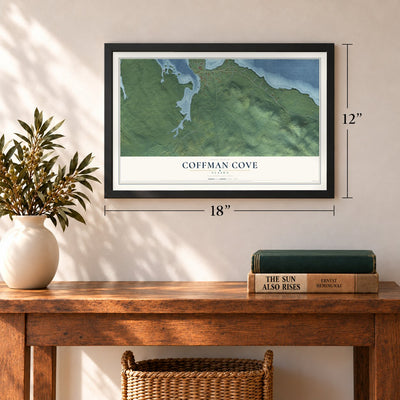 Coffman Cove, Alaska map, 12 x 18 inch print in a black frame in an entryway
