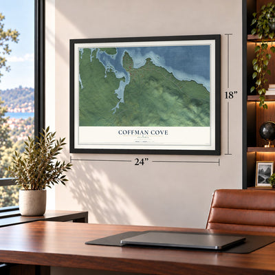 Coffman Cove, Alaska map, 18 x 24 inch print in a black frame in a home office