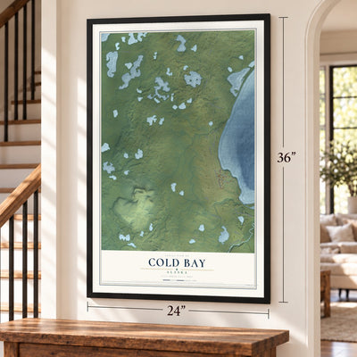Cold Bay, Alaska map, 24 x 36 inch print in a black frame by a staircase