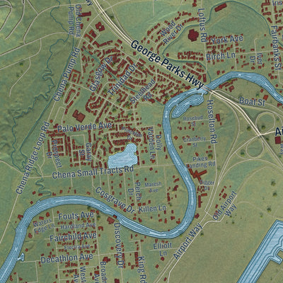 Close-up of the map of College, Alaska print showing street and building detail