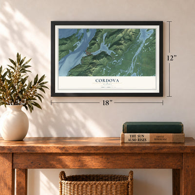 Cordova, Alaska map, 12 x 18 inch print in a black frame in an entryway