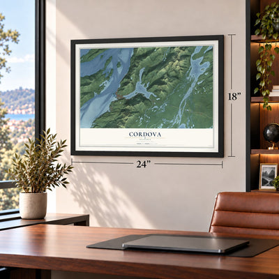 Cordova, Alaska map, 18 x 24 inch print in a black frame in a home office