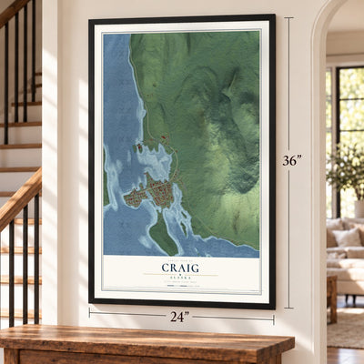 Craig, Alaska map, 24 x 36 inch print in a black frame by a staircase
