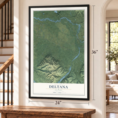 Deltana, Alaska map, 24 x 36 inch print in a black frame by a staircase
