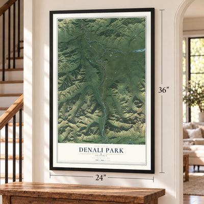 Denali Park, Alaska map, 24 x 36 inch print in a black frame by a staircase