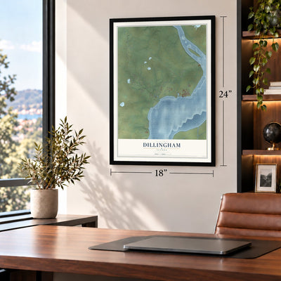 Dillingham, Alaska map, 18 x 24 inch print in a black frame in a home office