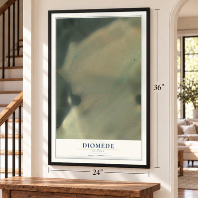 Diomede, Alaska map, 24 x 36 inch print in a black frame by a staircase