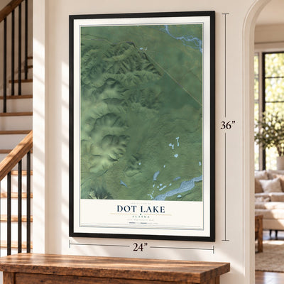 Dot Lake, Alaska map, 24 x 36 inch print in a black frame by a staircase