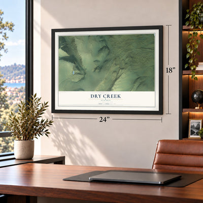 Dry Creek, Alaska map, 18 x 24 inch print in a black frame in a home office