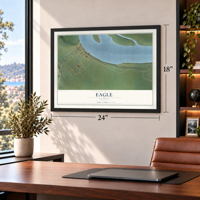 Eagle, Alaska map, 18 x 24 inch print in a black frame in a home office