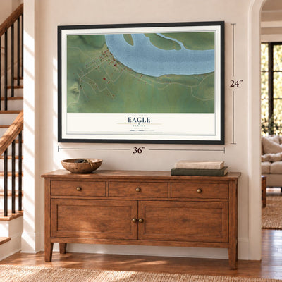 Eagle, Alaska map, 24 x 36 inch print in a black frame above a dresser by a staircase