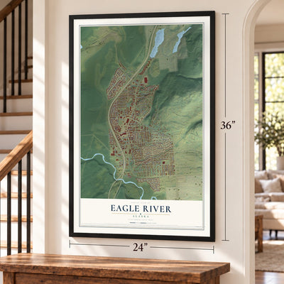 Eagle River, Alaska map, 24 x 36 inch print in a black frame by a staircase