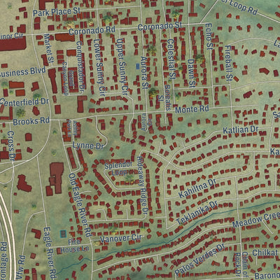 Close-up of the map of Eagle River, Alaska print showing street and building detail