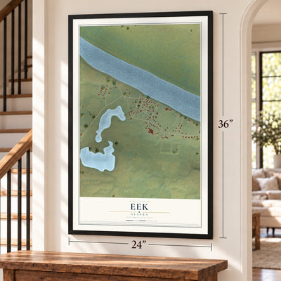 Eek, Alaska map, 24 x 36 inch print in a black frame by a staircase