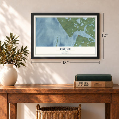 Egegik, Alaska map, 12 x 18 inch print in a black frame in an entryway