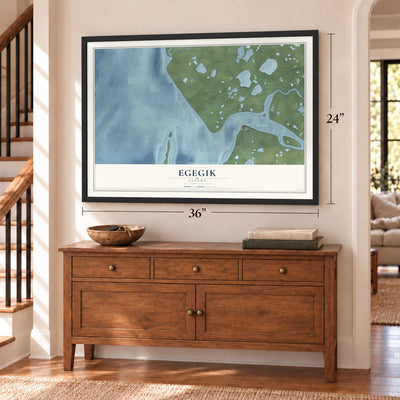 Egegik, Alaska map, 24 x 36 inch print in a black frame above a dresser by a staircase