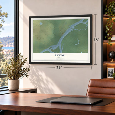Ekwok, Alaska map, 18 x 24 inch print in a black frame in a home office
