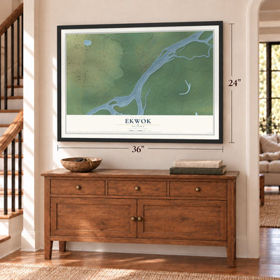 Ekwok, Alaska map, 24 x 36 inch print in a black frame above a dresser by a staircase
