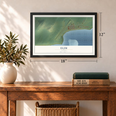 Elim, Alaska map, 12 x 18 inch print in a black frame in an entryway