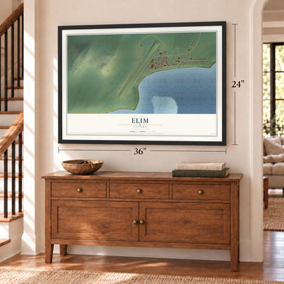 Elim, Alaska map, 24 x 36 inch print in a black frame above a dresser by a staircase