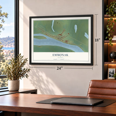 Emmonak, Alaska map, 18 x 24 inch print in a black frame in a home office