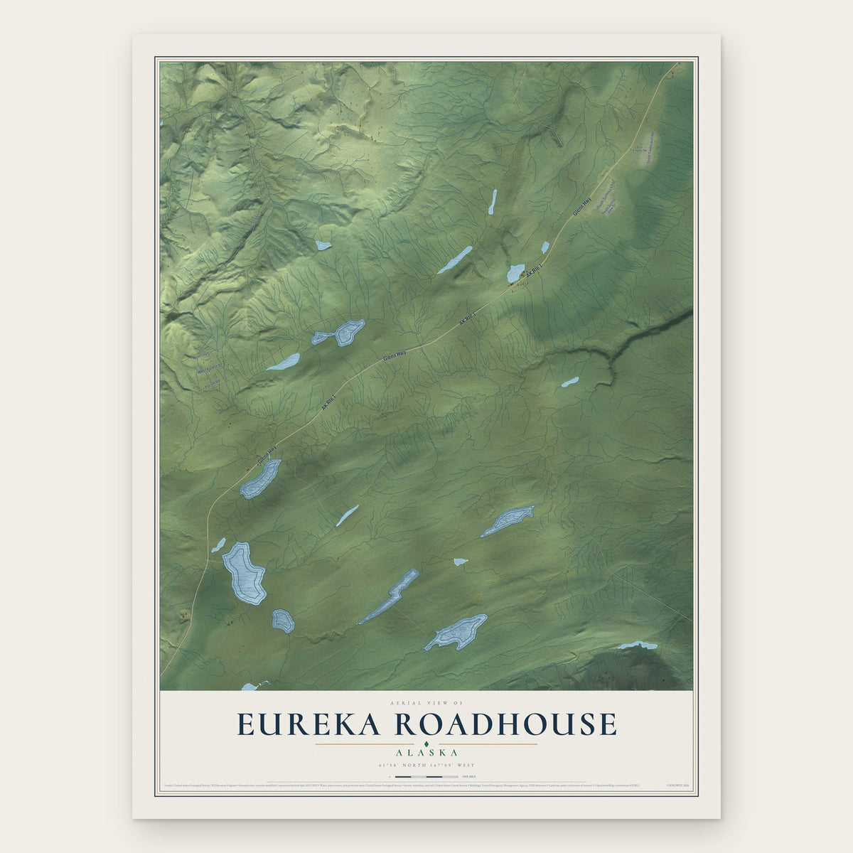 Eureka Roadhouse, Alaska map print, the full design