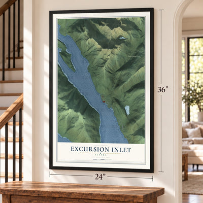 Excursion Inlet, Alaska map, 24 x 36 inch print in a black frame by a staircase