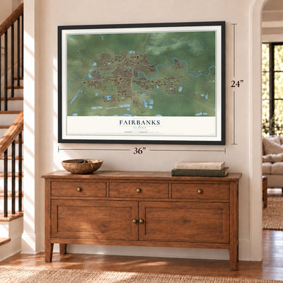 Fairbanks, Alaska map, 24 x 36 inch print in a black frame above a dresser by a staircase
