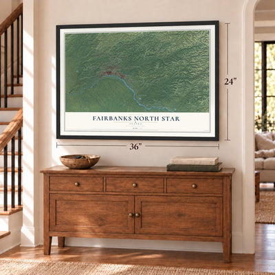 Fairbanks North Star, Alaska map, 24 x 36 inch print in a black frame above a dresser by a staircase