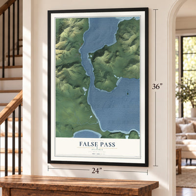 False Pass, Alaska map, 24 x 36 inch print in a black frame by a staircase