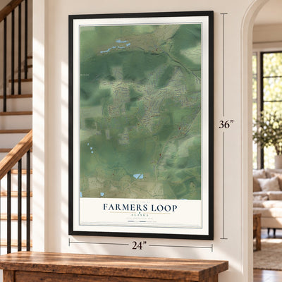Farmers Loop, Alaska map, 24 x 36 inch print in a black frame by a staircase