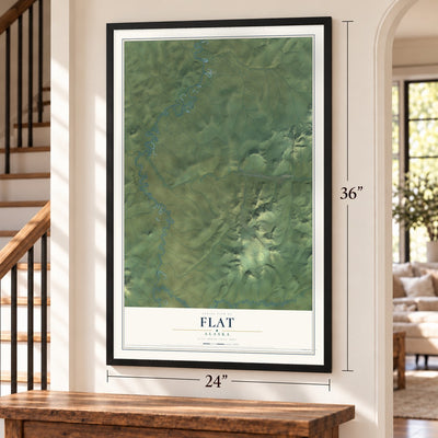 Flat, Alaska map, 24 x 36 inch print in a black frame by a staircase