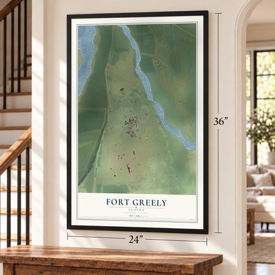 Fort Greely, Alaska map, 24 x 36 inch print in a black frame by a staircase