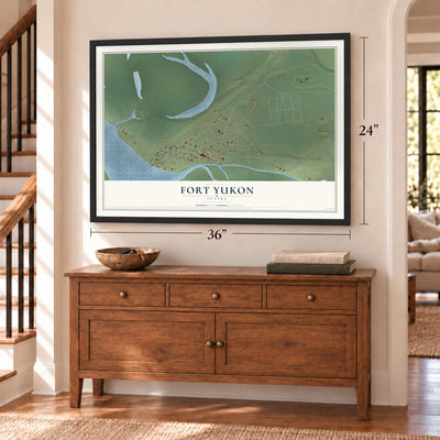 Fort Yukon, Alaska map, 24 x 36 inch print in a black frame above a dresser by a staircase