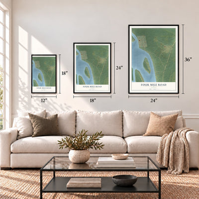 Four Mile Road, Alaska map in 12 x 18, 18 x 24 and 24 x 36 inch sizes above a sofa