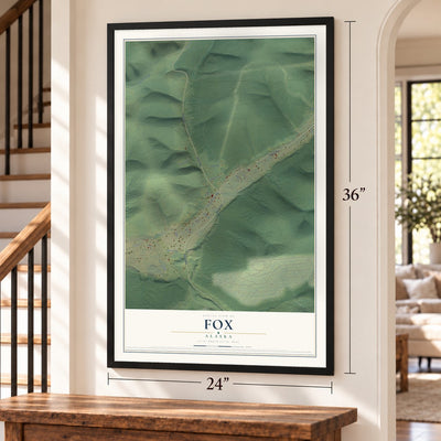 Fox, Alaska map, 24 x 36 inch print in a black frame by a staircase