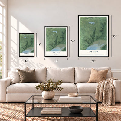 Fox River, Alaska map in 12 x 18, 18 x 24 and 24 x 36 inch sizes above a sofa