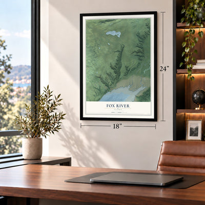 Fox River, Alaska map, 18 x 24 inch print in a black frame in a home office
