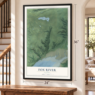 Fox River, Alaska map, 24 x 36 inch print in a black frame by a staircase