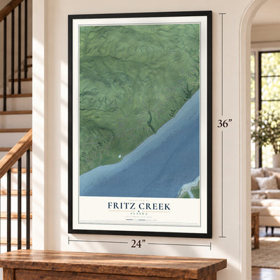 Fritz Creek, Alaska map, 24 x 36 inch print in a black frame by a staircase