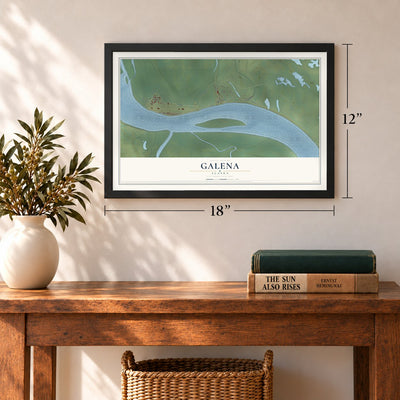 Galena, Alaska map, 12 x 18 inch print in a black frame in an entryway