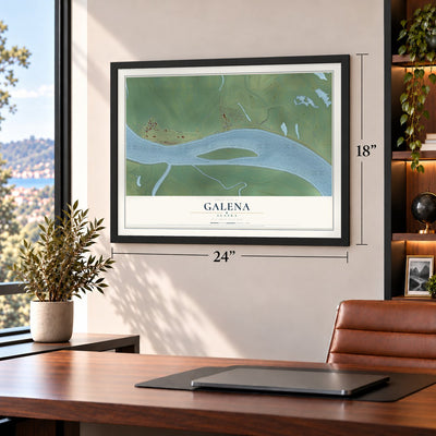 Galena, Alaska map, 18 x 24 inch print in a black frame in a home office