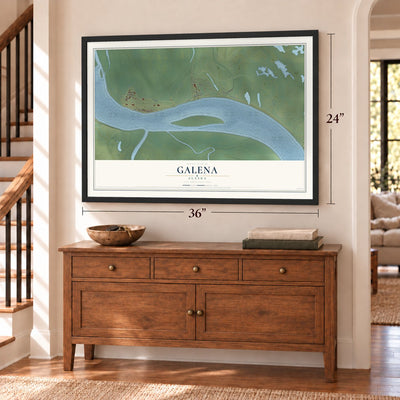 Galena, Alaska map, 24 x 36 inch print in a black frame above a dresser by a staircase