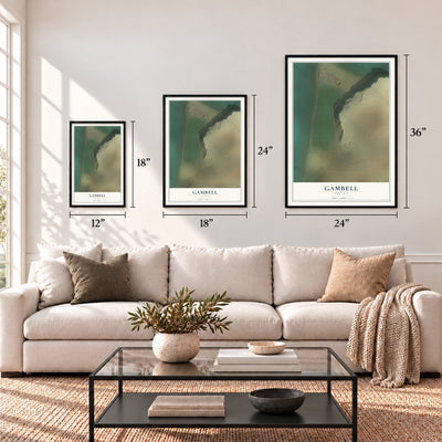 Gambell, Alaska map in 12 x 18, 18 x 24 and 24 x 36 inch sizes above a sofa