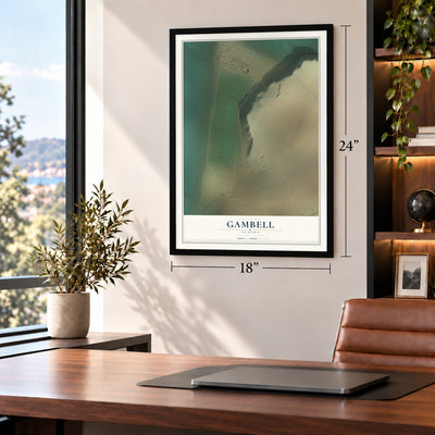 Gambell, Alaska map, 18 x 24 inch print in a black frame in a home office